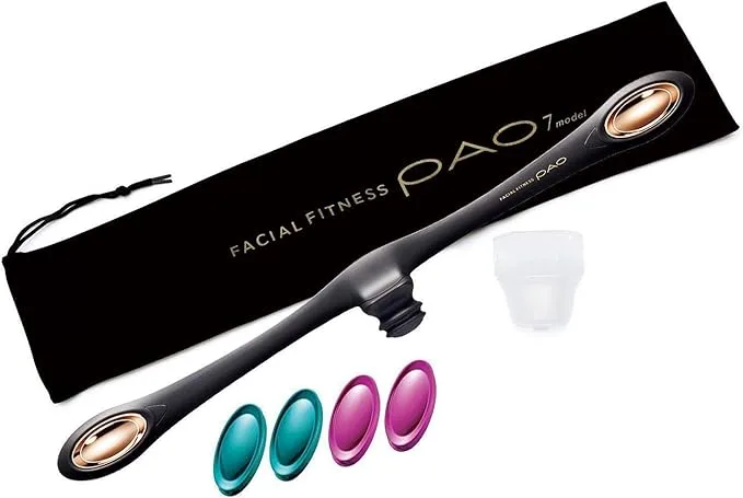 FACIAL FITNESS PAO 本体と重り3種・マウスピース・収納ポーチのセット商品画像｜表情筋トレーニング器具／ほうれい線・口元たるみ対策の使い方レビュー・比較用ビジュアル