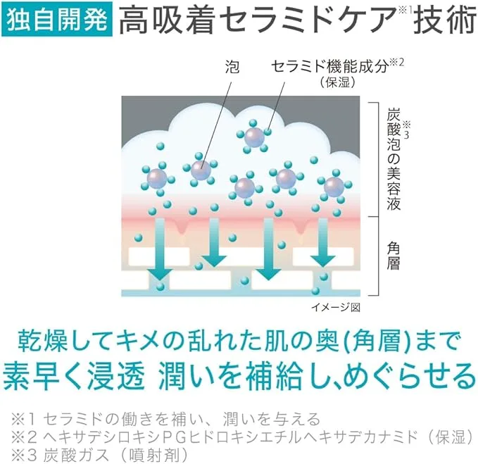 独自開発「高吸着セラミドケア」技術の図解|炭酸泡の美容液が角層へ素早く浸透し、セラミド機能成分でうるおいを補給する仕組み