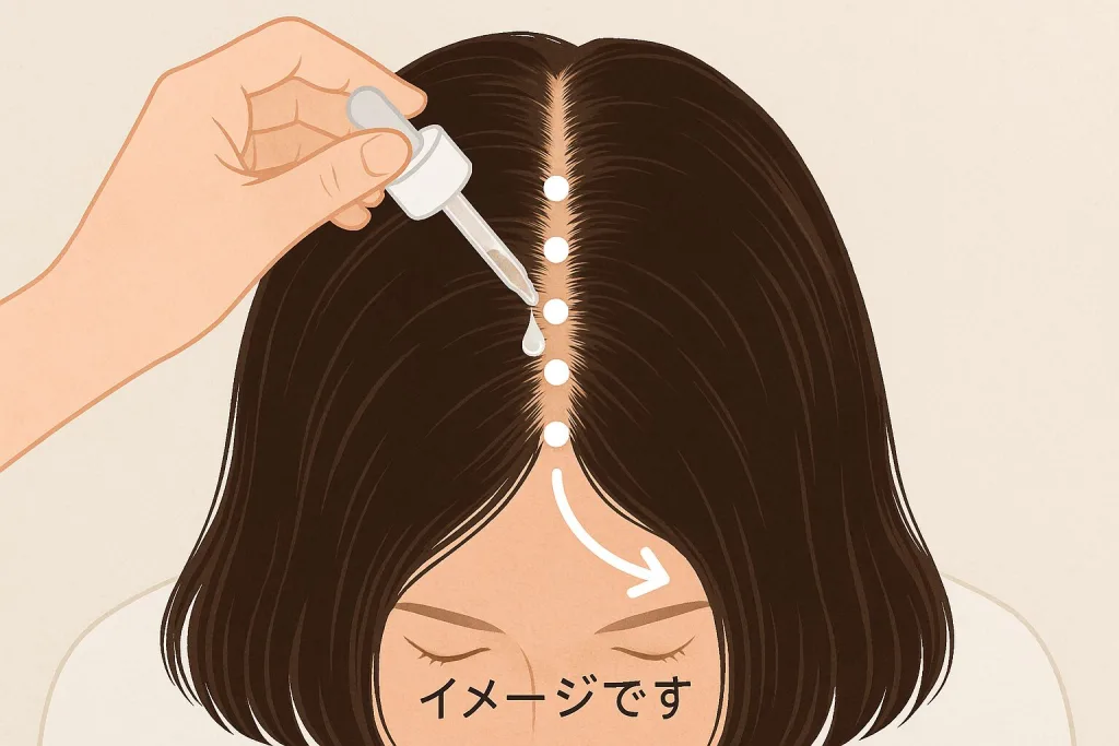 オーリム スカルプセラムβの使い方を説明する図。分け目に沿って地肌へ少量ずつ塗布する正しい塗り方を示すイラスト。