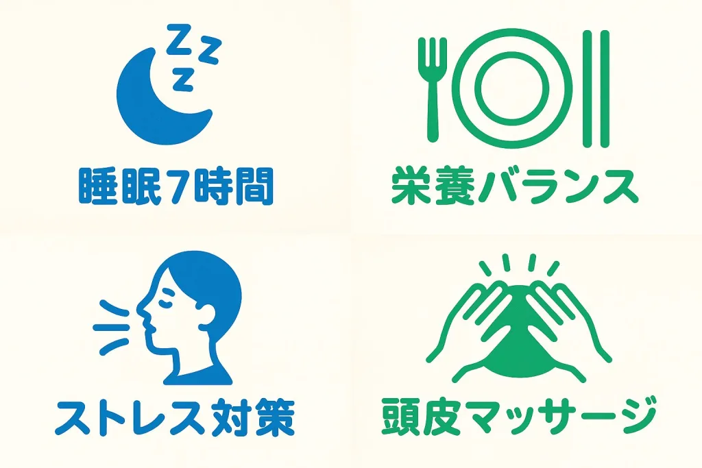 発毛や育毛の効果を高める生活習慣を示す図。睡眠7時間、栄養バランス、ストレス対策、頭皮マッサージなど髪の健康を保つ4つの基本ケアをアイコンで表したイラスト。
