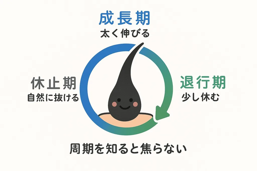 髪が生えて抜けるまでの毛周期を円で示した図。成長期は太く伸びる、退行期は少し休む、休止期は自然に抜ける流れをキャラクター付きでやさしく解説したイラスト。