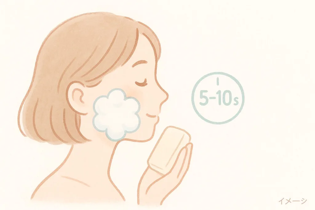 Soooo Silk Fluffy Soapの正しい使い方を示すイラスト。泡を顔にのせて5〜10秒待つ置き洗いでやさしく洗う手順を表現した画像。