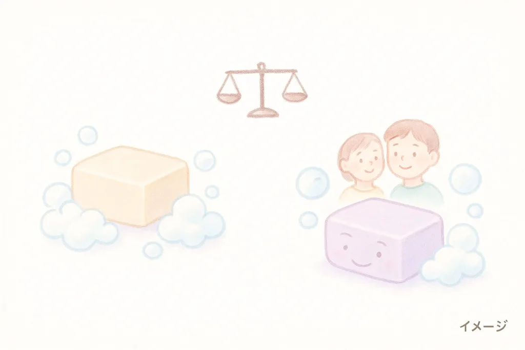 一般的な無添加石鹸とSoooo Silk Fluffy Soapを比較するイメージ。ふわふわ泡とやさしい使い心地を家族で楽しむ様子を描いたイラスト。