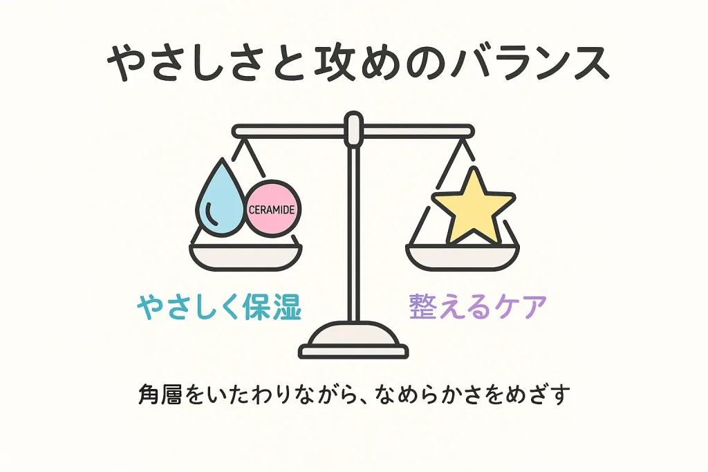 セラミドなどの保湿成分でやさしく保湿しながら整えるケアのバランスを表すイラスト。角層を守り、なめらかさを目指すスキンケアの考え方を示す。