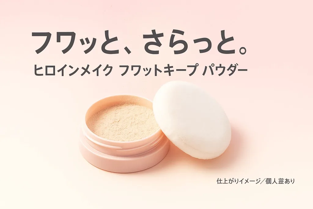 ヒロインメイク フワットキープ パウダーのキービジュアル｜ペールピンク背景に開いたコンパクトと白いパフ｜ふわっと軽いさらさら仕上がりのイメージ