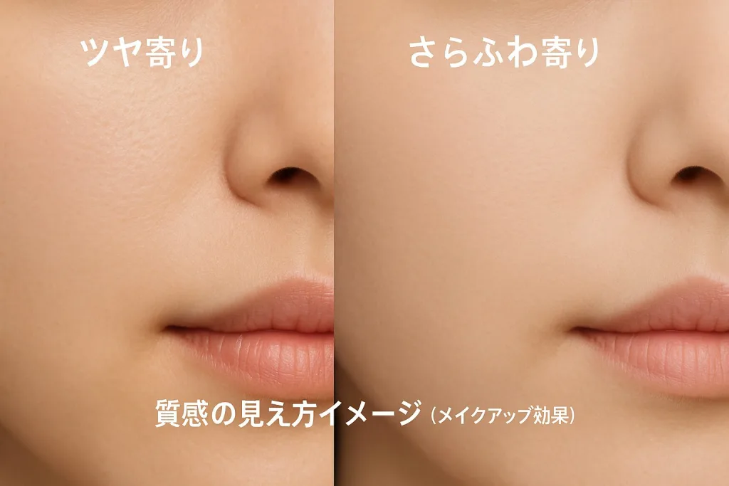 頬の質感比較イメージ（メイクアップ効果）｜左＝ツヤ寄り／右＝さらふわ寄り｜ヒロインメイク フワットキープ パウダー使用時の見え方の例
