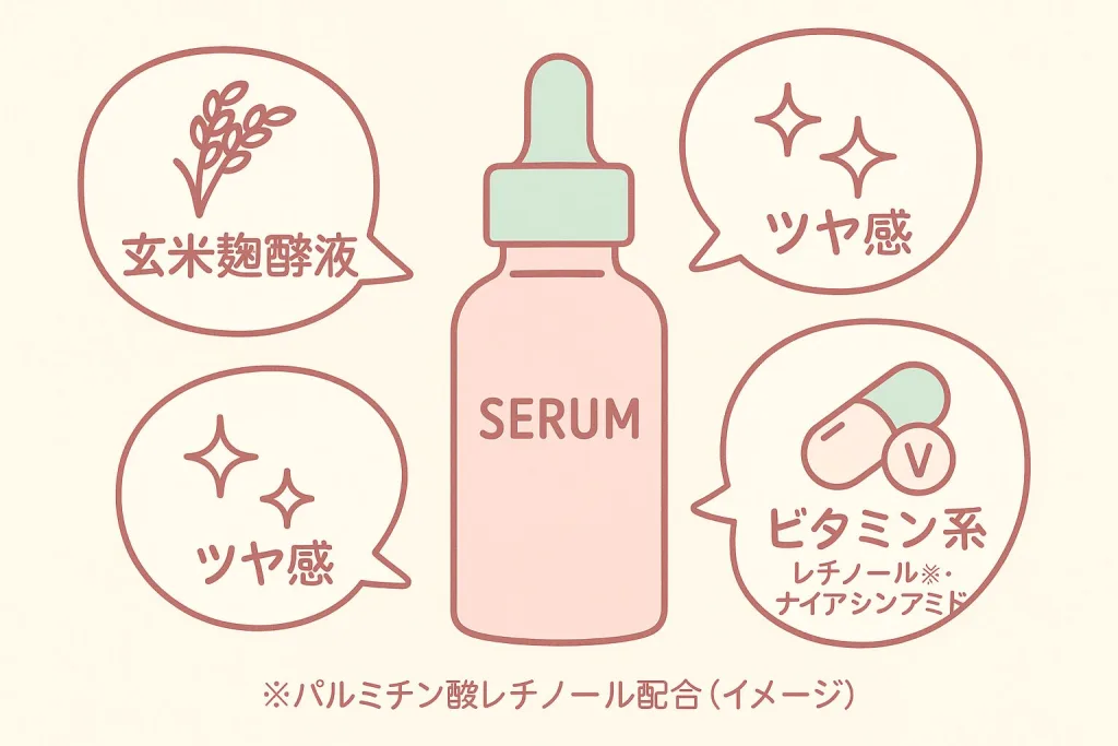 発酵セラムの成分イメージ｜玄米麹酵液とビタミン系成分（レチノール〔パルミチン酸レチノール〕・ナイアシンアミド）配合でツヤ感を訴求するスポイト瓶イラスト