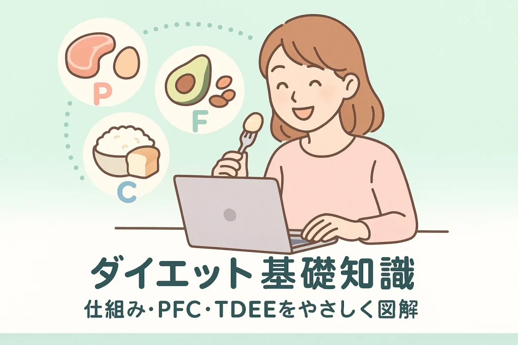 ダイエット 基礎知識の図解アイキャッチ。20代女性が笑顔でパソコンを見ながら食事バランスを考える様子。PFC（たんぱく質・脂質・炭水化物）のイラスト付きで、やさしい色合いのダイエット入門イメージ。