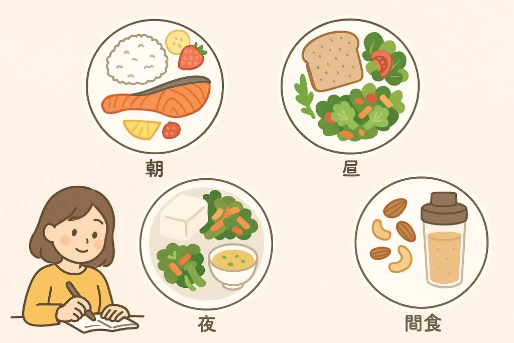 ダイエット 基礎知識：1日の食事例イラスト。朝昼夜と間食の献立を円形プレートで表示。女性がノートに食事を記録しながら、栄養バランスを整える様子。
