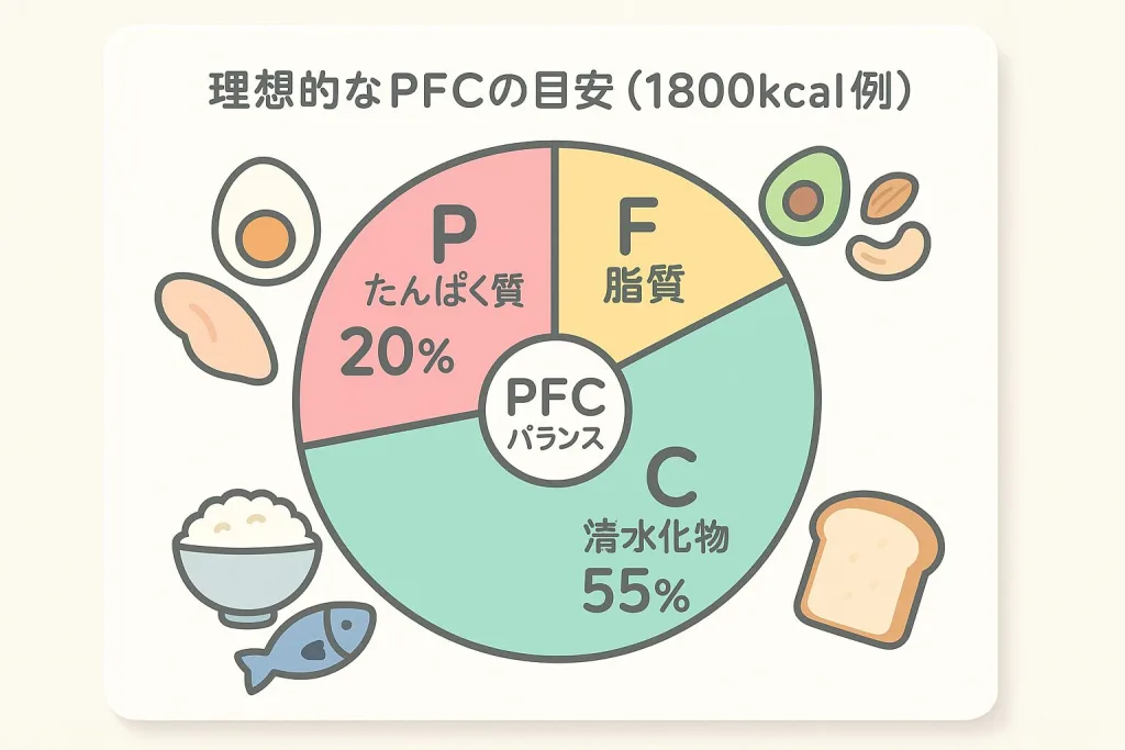 ダイエット 基礎知識:PFCバランスの円グラフ。1800kcalの場合の理想配分をP20%・F25%・C55%で表示し、卵・アボカド・ごはんなど食品アイコンで分かりやすく説明した図。