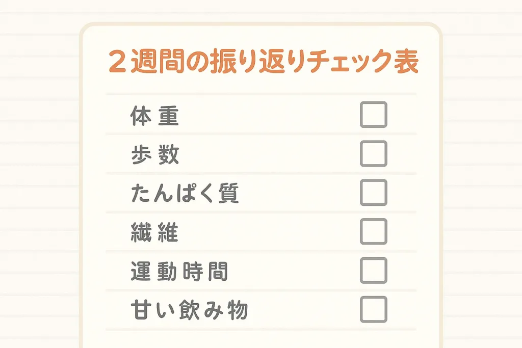 ダイエット 基礎知識:2週間の振り返りチェック表。体重・歩数・たんぱく質・繊維・運動時間・甘い飲み物を項目ごとにチェックできる可愛いノート風デザイン。