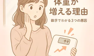 ダイエット 基礎知識:生理前に体重が増える理由を説明する女性イラスト。ホルモンバランスや水分・便秘・食欲変化など、体重が増える3つの数値的原因をやさしく示した図。