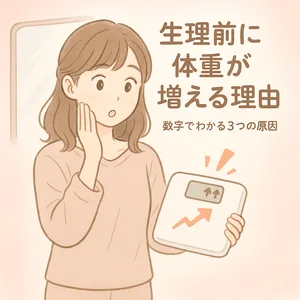 ダイエット 基礎知識:生理前に体重が増える理由を説明する女性イラスト。ホルモンバランスや水分・便秘・食欲変化など、体重が増える3つの数値的原因をやさしく示した図。