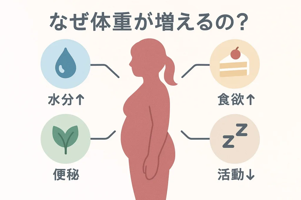 ダイエット 基礎知識:なぜ体重が増えるのかを示す図解。水分量の増加、便秘、食欲の上昇、活動量の低下など、体重が増える4つの原因を分かりやすく説明したイラスト。