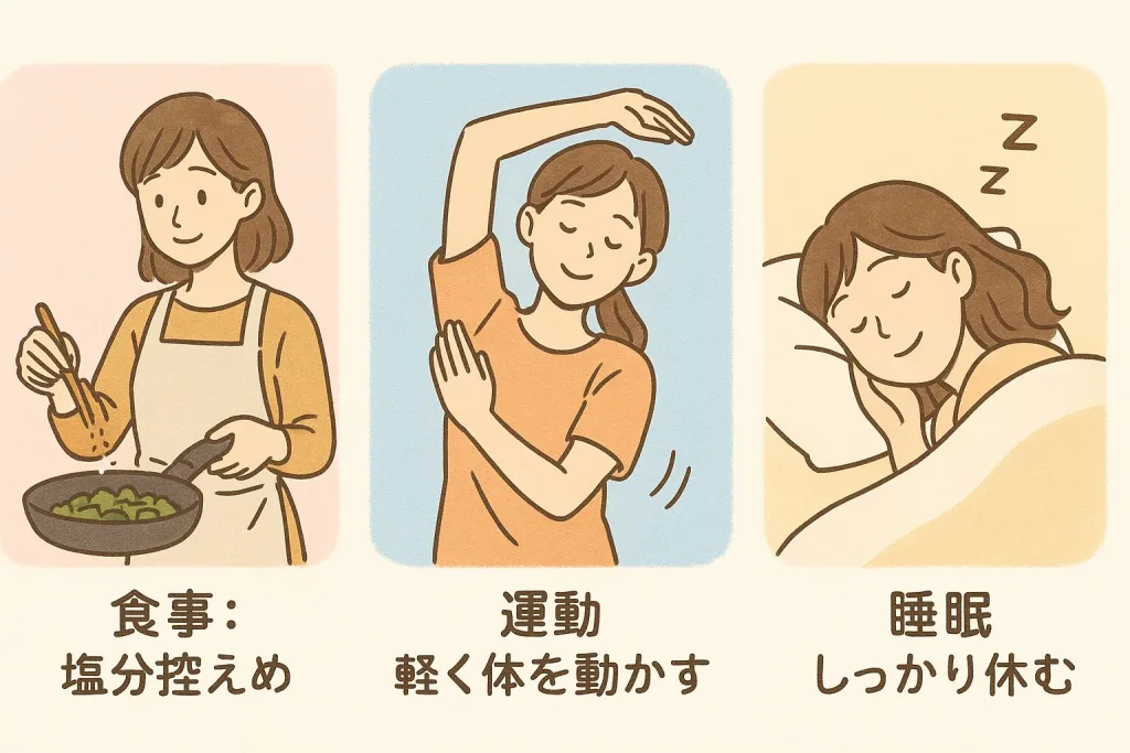 ダイエット 基礎知識:食事・運動・睡眠の健康習慣イラスト。食事は塩分控えめ、運動は軽く体を動かす、睡眠はしっかり休むをやさしく表現した健康的な生活習慣の図。