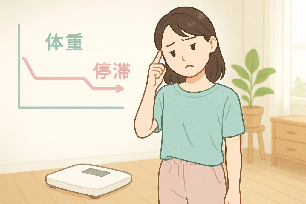 体重グラフが横ばいになり停滞していることに悩む女性のイラスト。背景には体重計と観葉植物、壁には「体重」「停滞」と書かれたグラフ。ダイエット中に体重が落ちない停滞期の心理を表現したイメージ。