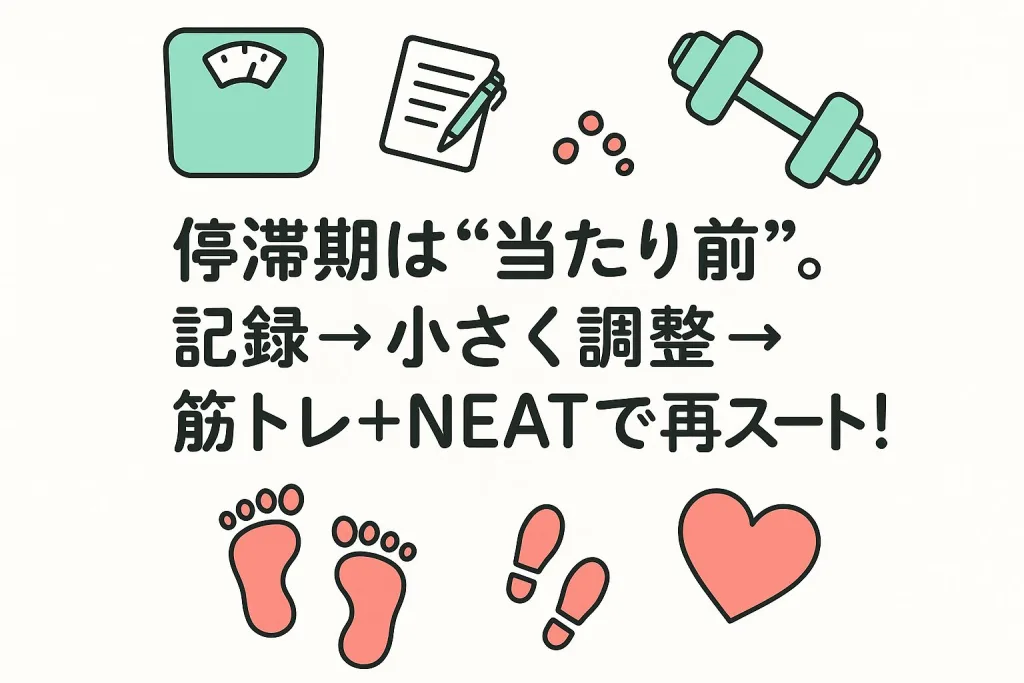 ダイエット停滞期の再スタート方法を伝えるイラスト。「停滞期は当たり前。記録→小さく調整→筋トレ＋NEATで再スタート！」の文字と、体重計・ノート・ダンベル・足跡・ハートなどのアイコンが並び、前向きに停滞期を乗り越えるメッセージを表現。
