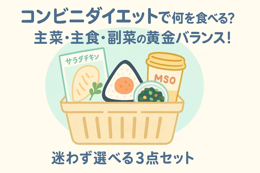 「コンビニダイエットで何を食べる?主菜・主食・副菜の黄金バランス」と書かれたイラスト。サラダチキン・おにぎり・味噌汁・海藻サラダがバスケットに入っており、手軽に栄養バランスを整える3点セットを提案する清潔感あるデザイン。