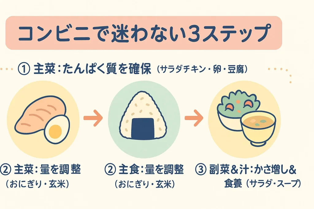コンビニで迷わず健康的に選ぶ3ステップを解説したイラスト。①主菜でたんぱく質を確保（サラダチキン・卵・豆腐）②主食で量を調整（おにぎり・玄米）③副菜と汁物で栄養をプラス（サラダ・スープ）。栄養バランスを整える買い方を示す図解。