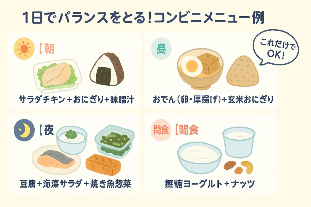 1日で栄養バランスをとるコンビニダイエットメニュー例。朝はサラダチキン・おにぎり・味噌汁、昼はおでんと玄米おにぎり、夜は豆腐・海藻サラダ・焼き魚惣菜、間食は無糖ヨーグルトとナッツ。手軽に高たんぱく・低カロリーを実現する組み合わせ。