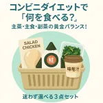 コンビニダイエットの黄金バランスを表すイラスト。サラダチキン・鮭おにぎり・味噌汁・ほうれん草サラダの3点セットが買い物かごに入っており、「主菜・主食・副菜」を意識したダイエット向けの理想的な食事例。