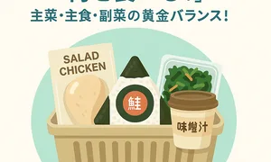 コンビニダイエットの黄金バランスを表すイラスト。サラダチキン・鮭おにぎり・味噌汁・ほうれん草サラダの3点セットが買い物かごに入っており、「主菜・主食・副菜」を意識したダイエット向けの理想的な食事例。