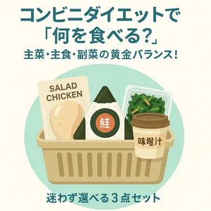 コンビニダイエットの黄金バランスを表すイラスト。サラダチキン・鮭おにぎり・味噌汁・ほうれん草サラダの3点セットが買い物かごに入っており、「主菜・主食・副菜」を意識したダイエット向けの理想的な食事例。