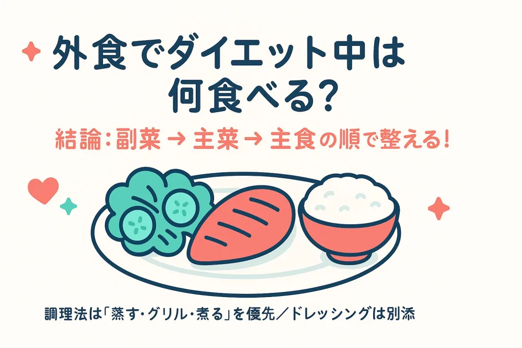 外食中のダイエットで食べるべき順番を解説したイラスト。「副菜→主菜→主食の順で整える」と書かれ、プレート上にはブロッコリー、魚、白ご飯が並ぶ。調理法は「蒸す・グリル・煮る」が推奨され、ドレッシングは別添えと記載。
