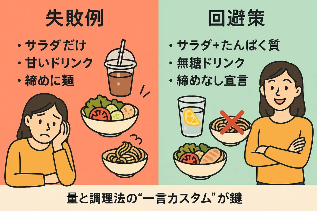 ダイエット中の外食における失敗例と回避策を比較したイラスト。左は「サラダだけ・甘いドリンク・締めに麺」で悩む女性、右は「サラダ＋たんぱく質・無糖ドリンク・締めなし宣言」で笑顔の女性。「量と調理法の一言カスタムが鍵」というメッセージ付き。