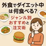 外食でのダイエット中に迷う女性のイラスト。背景にはラーメン、ハンバーグ、カレー、ハンバーガーなどの料理が描かれ、「ジャンル別おすすめと注文術」との文字入り。外食時のダイエット食選びをわかりやすく解説するサムネイル画像。