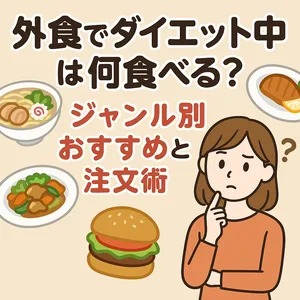 外食でのダイエット中に迷う女性のイラスト。背景にはラーメン、ハンバーグ、カレー、ハンバーガーなどの料理が描かれ、「ジャンル別おすすめと注文術」との文字入り。外食時のダイエット食選びをわかりやすく解説するサムネイル画像。