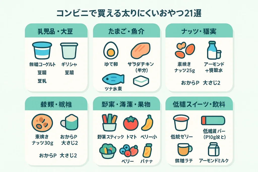 「コンビニで買える太りにくいおやつ21選」をカテゴリー別に紹介した図解。乳製品・大豆（豆乳・ヨーグルト）、卵・魚介（サラダチキン・ツナ）、ナッツ・種実、野菜・果物、低糖スイーツ（ゼリー・プロテインバー）など、手軽に買えるダイエット向きおやつを掲載。