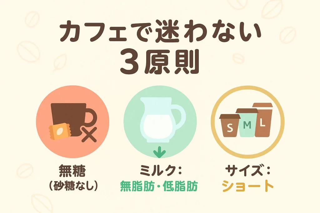 カフェで太りにくくするための3原則を解説したイラスト。「無糖（砂糖なし）」「ミルクは無脂肪・低脂肪」「サイズはショート」の3項目を丸アイコンで紹介。ダイエット中でも楽しめるカフェドリンク選びをわかりやすくまとめた図。