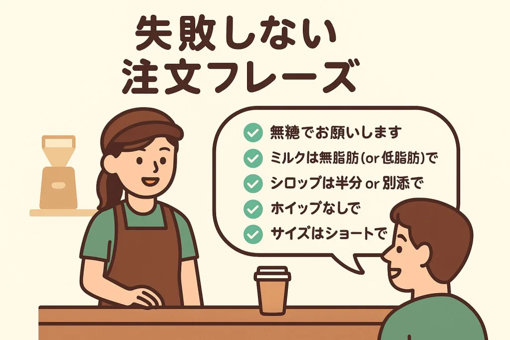 カフェでのダイエット中の正しい注文例を紹介したイラスト。店員とお客の会話形式で、「無糖でお願いします」「ミルクは無脂肪（または低脂肪）で」「シロップは半分 or 別添で」「ホイップなしで」「サイズはショートで」などのフレーズを表示。