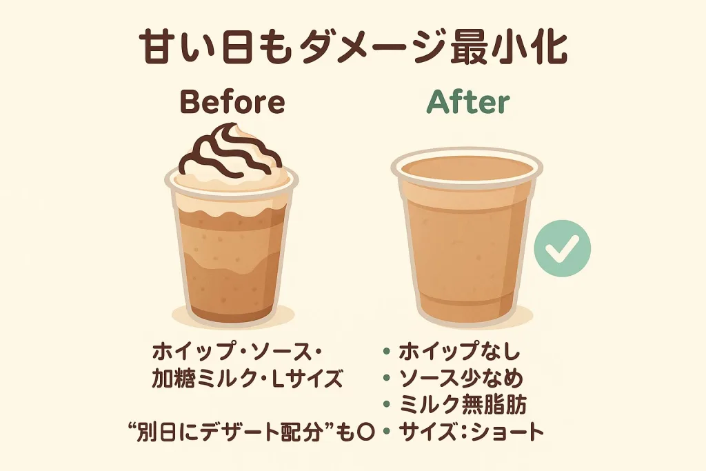 甘いドリンクを低カロリーに変える比較イラスト。「Before：ホイップ・ソース・加糖ミルク・Lサイズ」「After：ホイップなし・ソース少なめ・無脂肪ミルク・ショートサイズ」。カフェでの糖質カット＆ダメージ軽減テクニックを紹介。