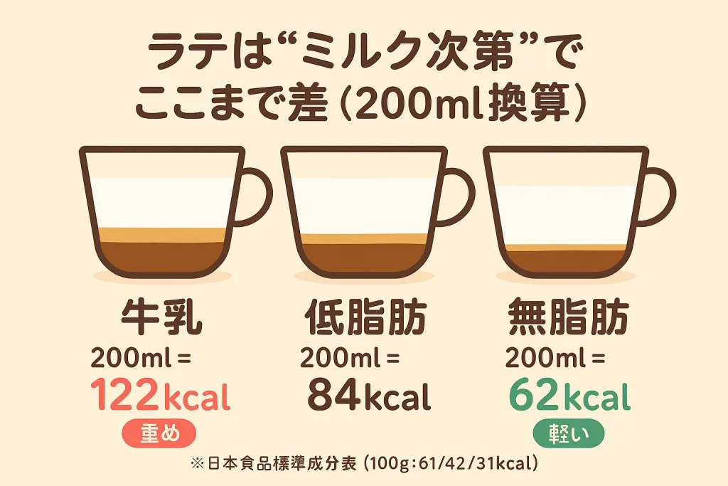 カフェラテのミルク別カロリーを比較した図。牛乳200ml＝122kcal、低脂肪200ml＝84kcal、無脂肪200ml＝62kcalと示され、「ラテはミルク次第でここまで差」と書かれている。ダイエット中のドリンク選びに役立つカロリー比較イラスト。