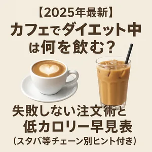【2025年最新版】カフェでダイエット中は何を飲む？失敗しない注文術と低カロリー早見表を紹介する画像。ホットラテとアイスコーヒーの写真を並べ、スタバなど人気チェーン別の低カロリードリンク選びを解説する特集用ビジュアル。