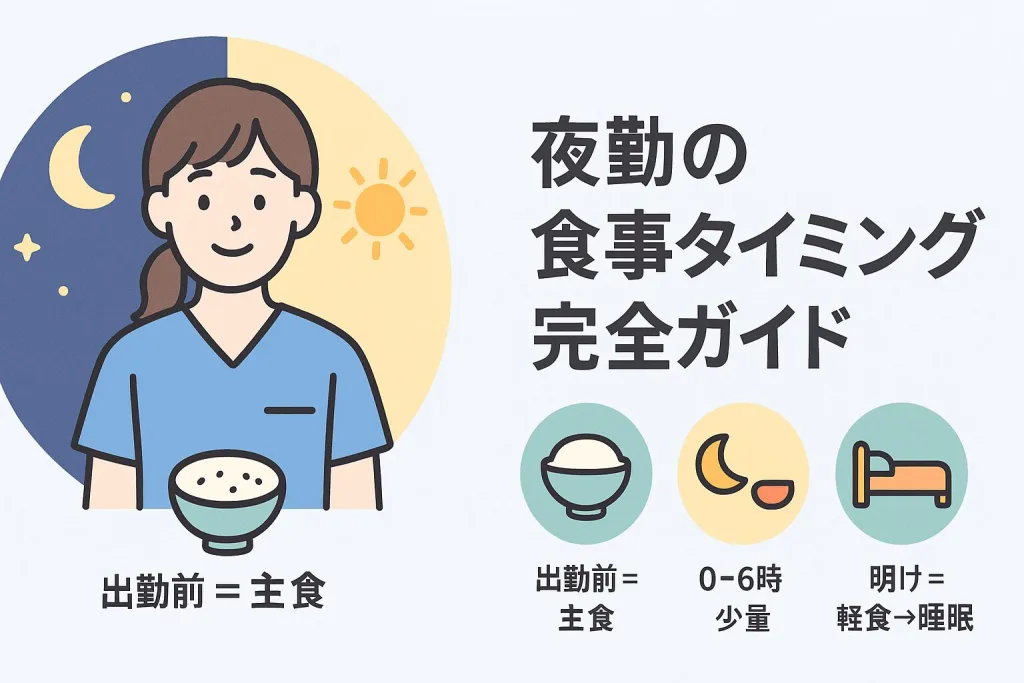 「夜勤の食事タイミング完全ガイド」と書かれたイラスト。背景に夜と昼を分けた円があり、青い制服の女性が登場。「出勤前＝主食」「0〜6時＝少量」「明け＝軽食→睡眠」と記載され、夜勤の食事リズムをわかりやすく解説している。