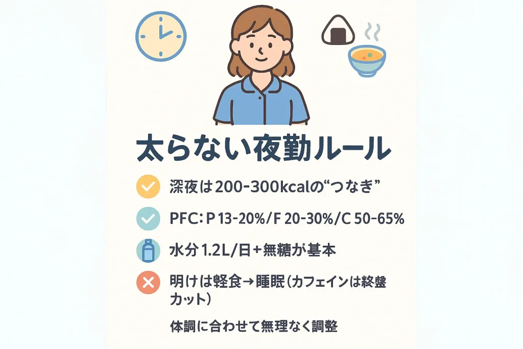 夜勤中でも太らないための基本ルールをまとめた図。「深夜は200〜300kcalのつなぎ」「PFCバランス：P13〜20％／F20〜30％／C50〜65％」「水分1.2L＋無糖が基本」「明けは軽食→睡眠」「体調に合わせて無理なく調整」と書かれている。おにぎりと味噌汁のイラスト付き。