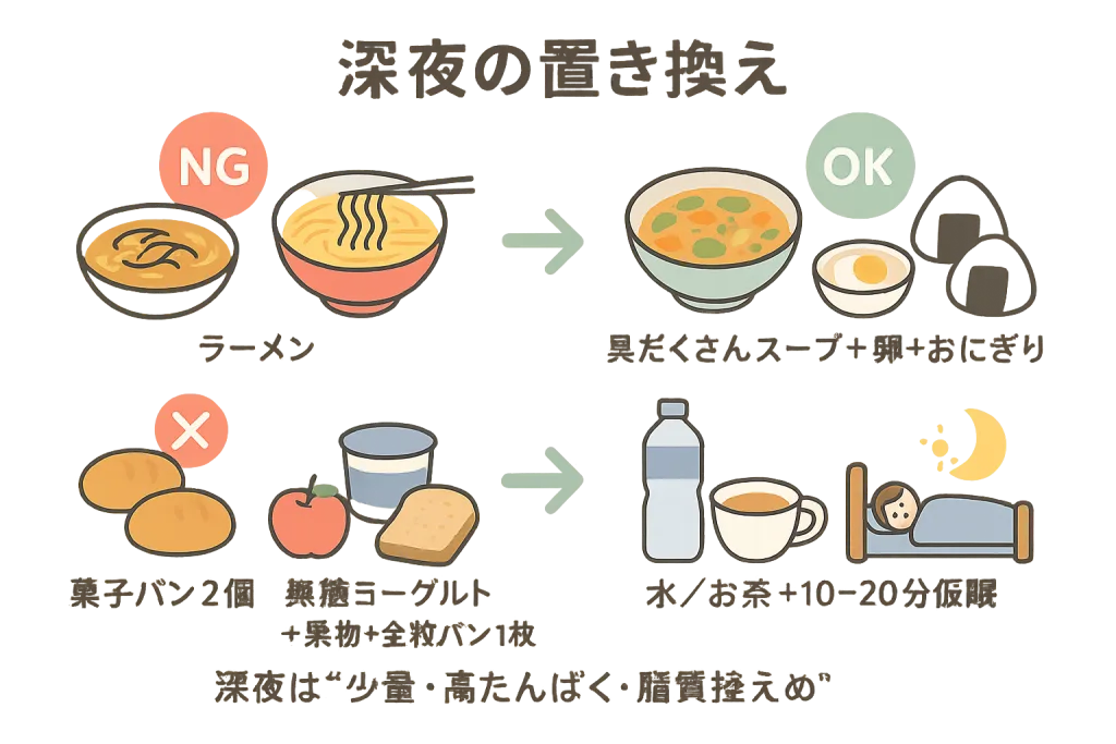 「深夜の置き換え」をテーマに、NGとOKを比較したイラスト。左のNG例はラーメンや菓子パン2個、右のOK例は具だくさんスープ＋卵＋おにぎり。下部には「深夜は少量・高たんぱく・脂質控えめ」「水／お茶＋10〜20分仮眠」などのアドバイスが記載。