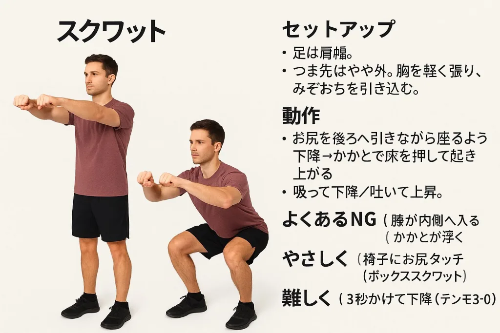正しいスクワットフォームを解説したイラスト。男性が足を肩幅に開き、腕を前に出してお尻を後ろへ引きながらしゃがむ姿勢を取る。セットアップ・動作・よくあるNG・やさしく／難しくのアレンジ方法を説明。下半身の筋トレ基礎。
