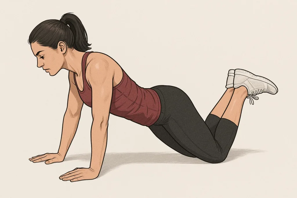 膝をついた状態で腕立て伏せを行う女性のイラスト。体を一直線に保ち、腕を曲げて胸を床に近づけるフォームを解説。初心者向けの上半身トレーニングで、胸・腕・体幹を鍛える軽負荷バリエーション。