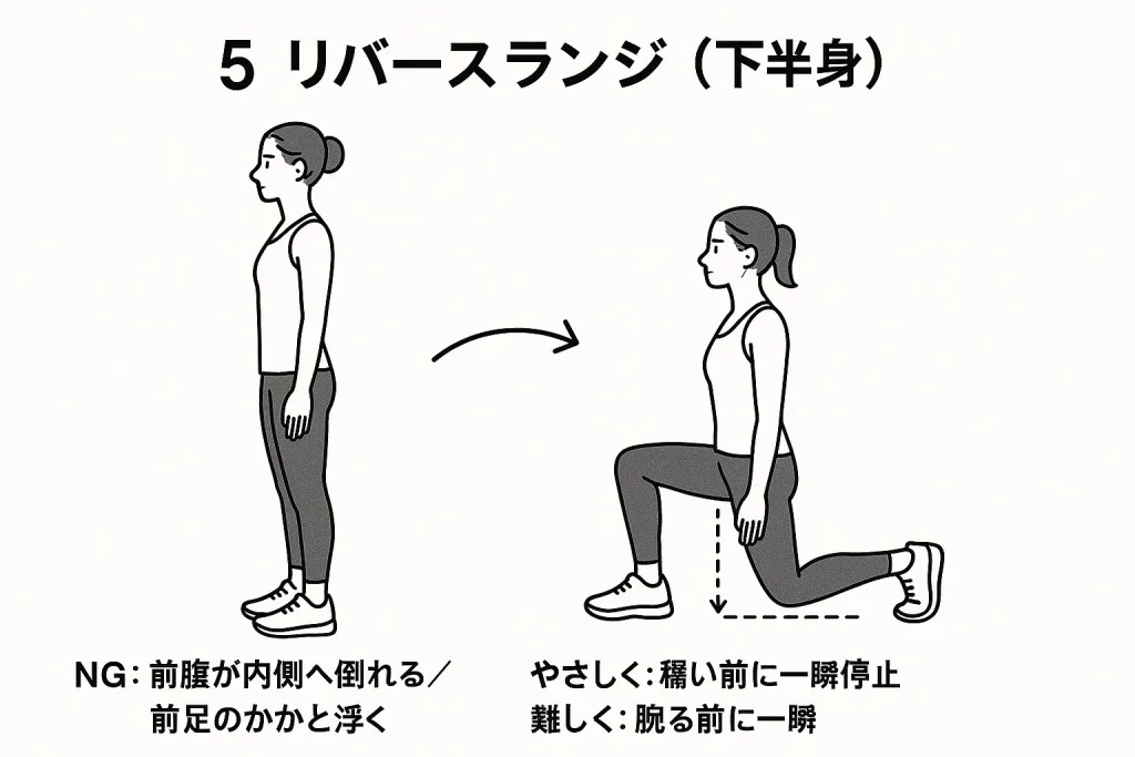 リバースランジの正しい動作を解説したイラスト。立った姿勢から片足を後ろに引き、膝を直角に曲げるフォームを説明。NG例（前膝が内側に倒れる・かかとが浮く）と、やさしく・難しくの調整法付き。
