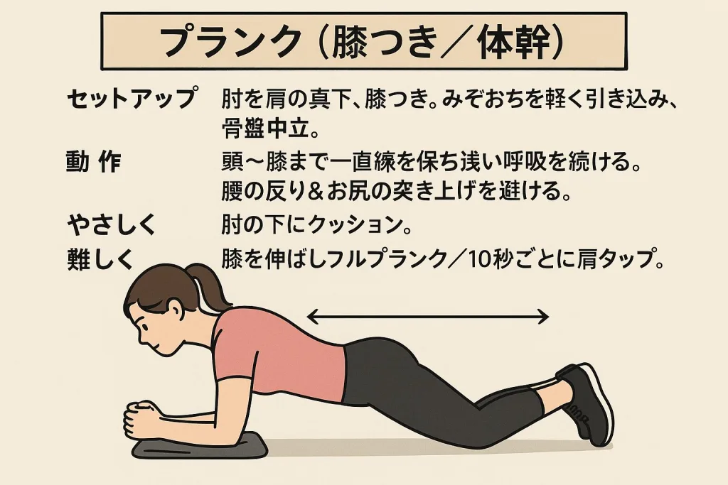 膝つきプランクの正しいフォームを解説したイラスト。女性が両肘を肩の真下につき、膝をついた状態で頭から膝まで一直線を保ちながら体幹を鍛えている。ポイントとして「骨盤中立・浅い呼吸」「腰の反りやお尻の突き上げを避ける」「難易度調整：フルプランクや肩タップ」などを記載。