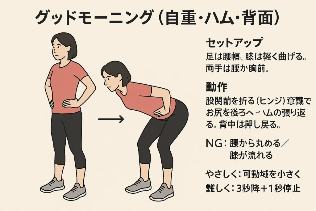 グッドモーニングの自重トレーニングを説明するイラスト。腰幅で立ち、股関節から前傾してお尻を後ろへ引くフォーム。背面・ハムストリング・体幹を鍛える基本姿勢とNG例（腰を丸める・膝が流れる）を記載。