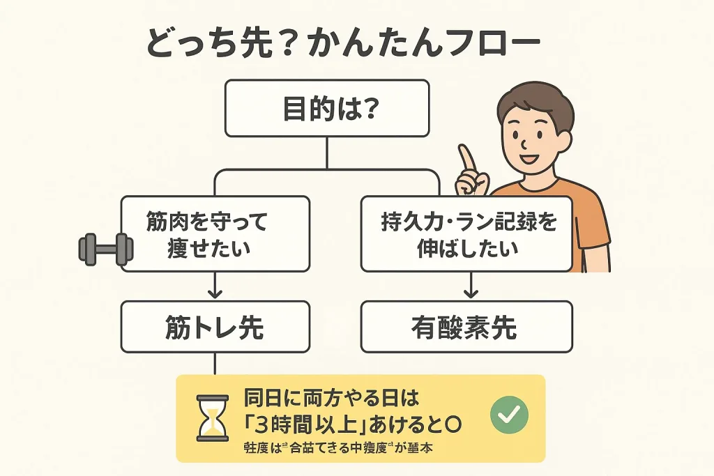 有酸素運動と筋トレの順番を決めるためのフローチャート。「目的は？」から始まり、「筋肉を守って痩せたい → 筋トレ先」「持久力・ラン記録を伸ばしたい → 有酸素先」と分岐。「同日に両方行う場合は3時間以上あける」がポイントとして記載。