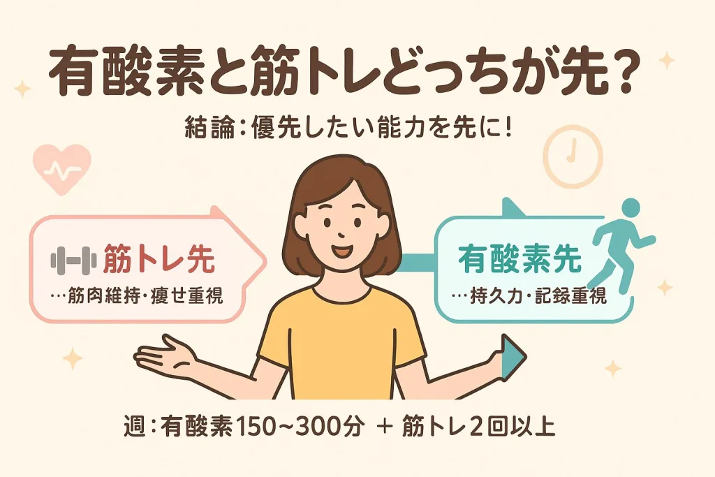 「有酸素と筋トレはどっち先？痩せる順番・時間・いつ」と書かれたビジュアル。黒いスポーツウェアの女性がダンベルとペットボトルを持ち、運動順序に悩む表情をしている。ダイエットや筋トレ効果を最大化する運動の順番をテーマにしたイメージ。