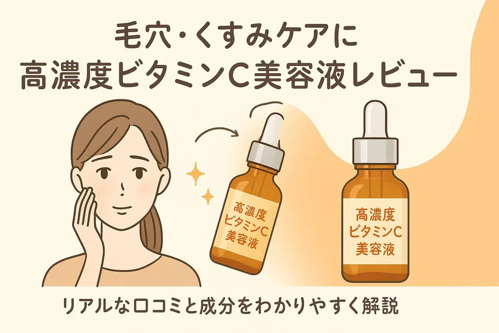 「毛穴・くすみケアに高濃度ビタミンC美容液を使う女性と2本の美容液ボトルのイラスト|KINUI C25リッチセラムのリアルな口コミと成分を分かりやすく解説するレビュー記事用アイキャッチ画像」
