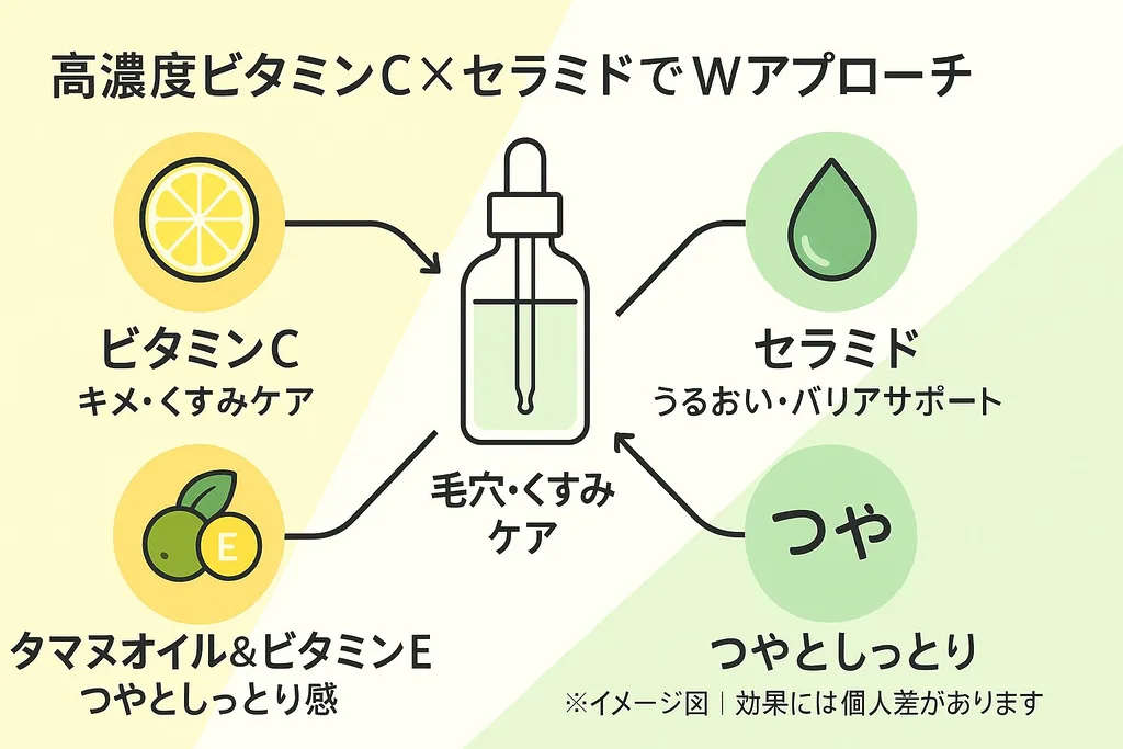 「高濃度ビタミンC×セラミドで毛穴・くすみケアにWアプローチする成分図解｜ビタミンC・セラミド・タマヌオイル＆ビタミンEがつやとしっとり感をサポートするイメージイラスト」