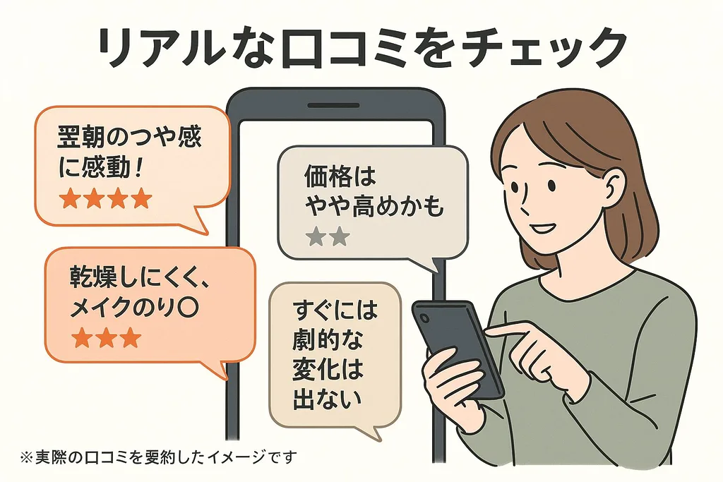「スマホでリアルな口コミをチェックする女性と『翌朝のつや感に感動』『価格はやや高め』などの吹き出しでKINUI C25リッチセラムの良い・悪いレビューを表現した画像」